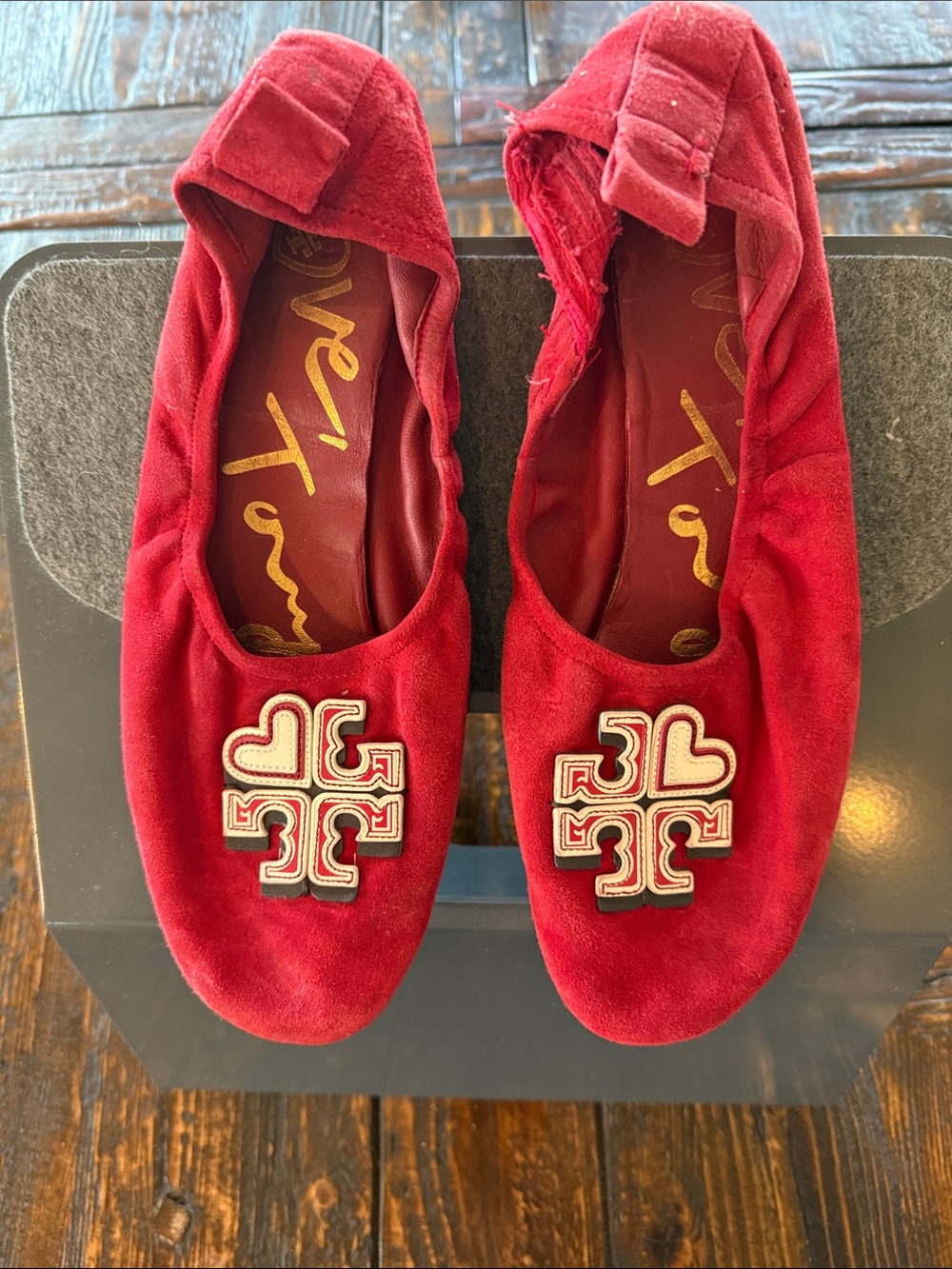Red Suede Ballet Flats with Logo Accent